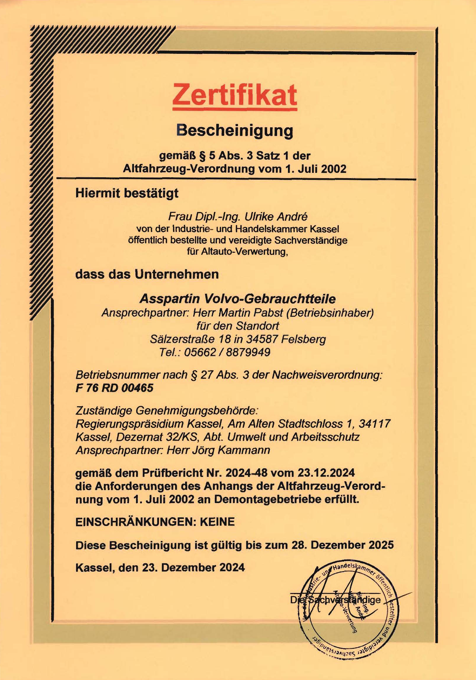 Zertifikat Demontagebetrieb